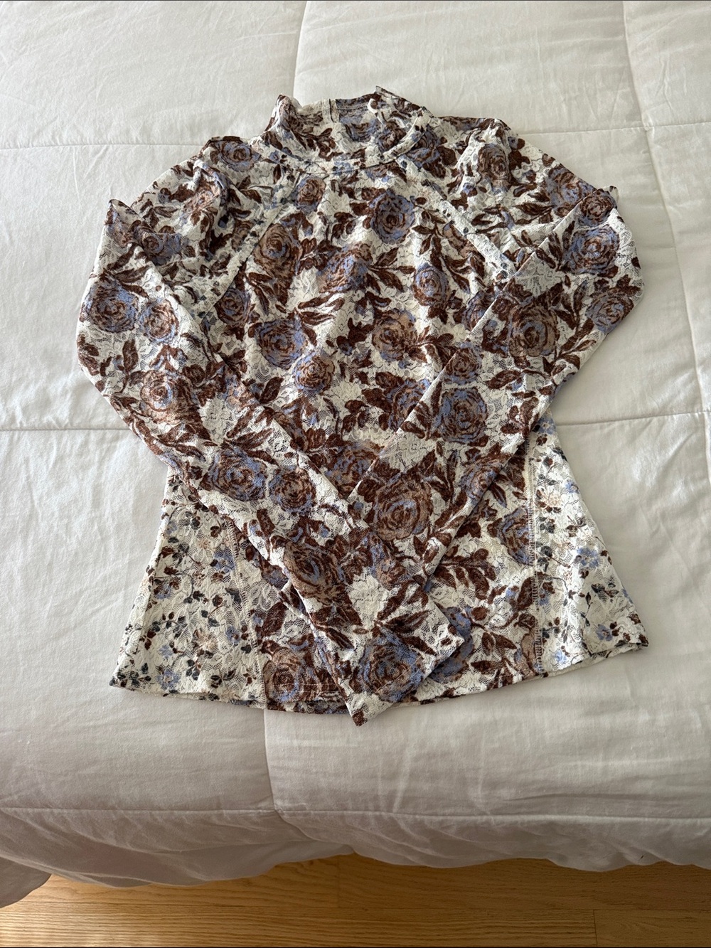 Free People Cream Mock Neck Floral Long Sleeve Top with Brown and Blue Roses